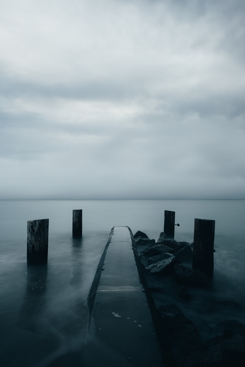 nature, cloud - sky, photo, Ocean, tranquil scene, no people, Sea, scenics - nature, tranquility, 4K, horizon over water, wooden post, overcast, outdoors