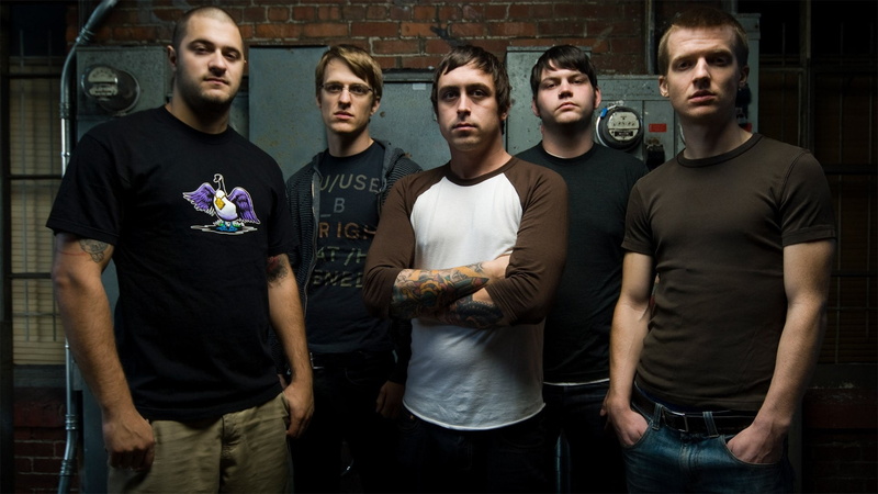 real people, Misery signals, young adult, group of people, looking at camera, portrait, standing, men, adult, casual clothing, three quarter length, Print