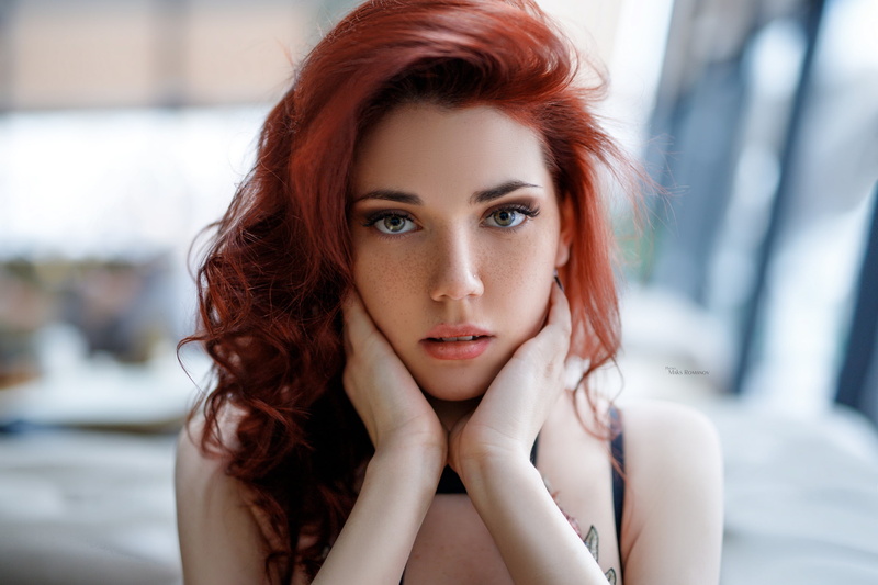indoors, closeup, depth of field, touching face, women, 2K, Maksim Romanov, women indoors, redhead, freckles, looking at viewer, long hair, model, pierced nose