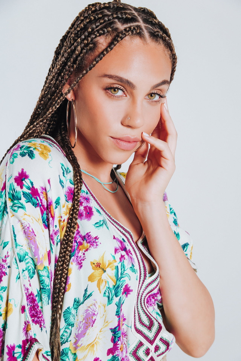 brunette, touching face, braided hair, pierced nose, face, women, 1080P, hoop earrings, women indoors, model, portrait, green eyes