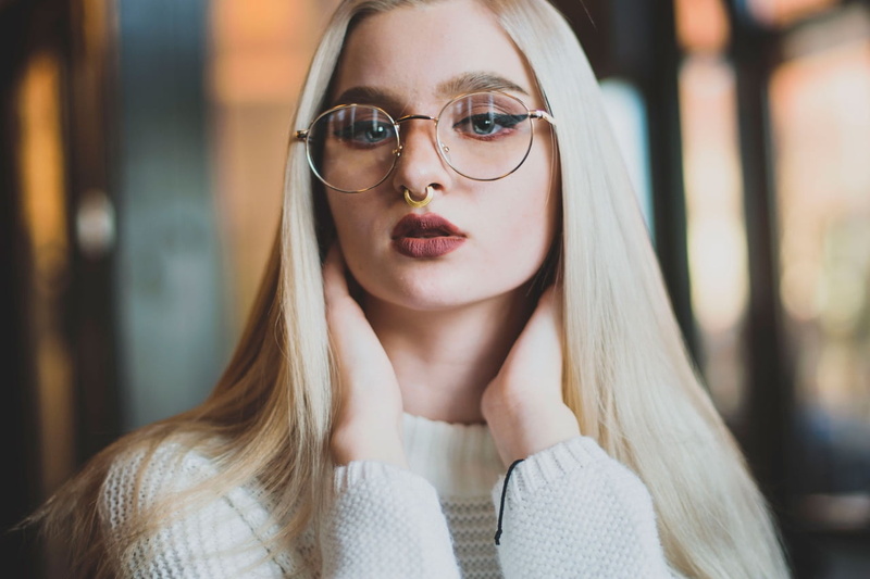 720P, blonde, makeup, straight hair, long hair, model, glasses, women, eyeshadow, natural light, women with glasses, pierced nose, septum ring, red lipstick