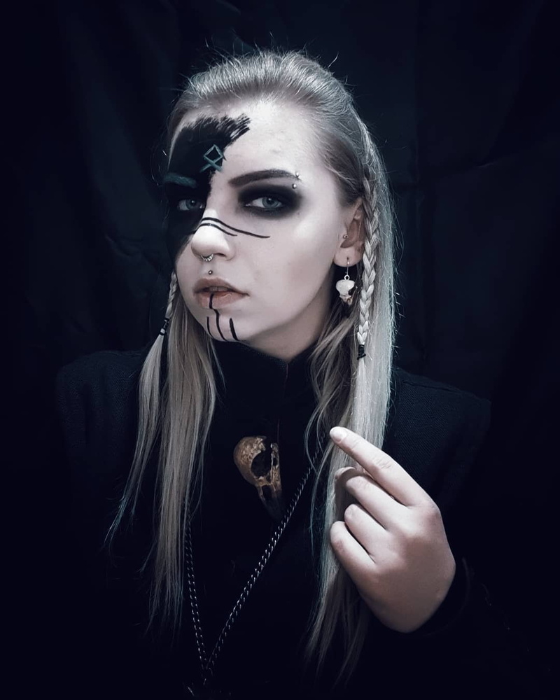 pierced ear, dark background, dyed hair, necklace, septum ring, women, straight hair, mascara, makeup, model, black clothing, vertical, black background