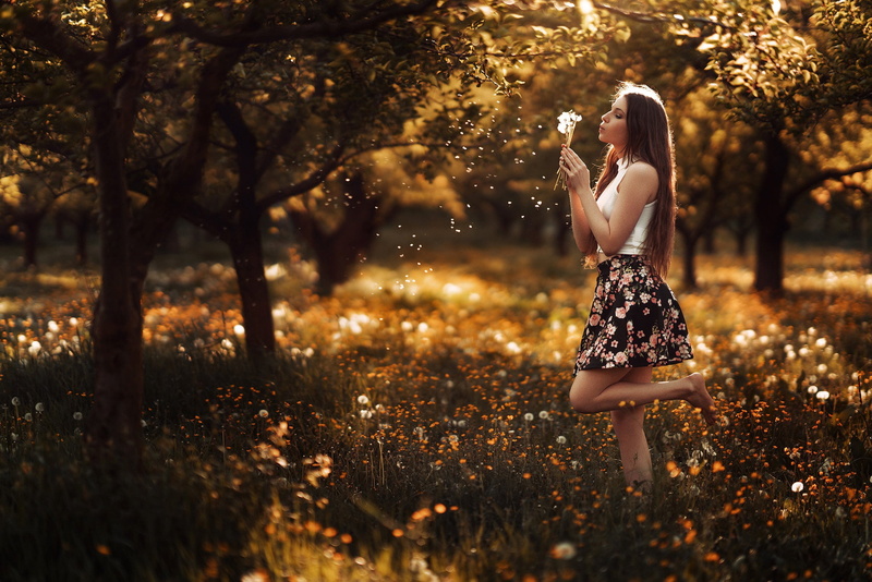 legs, dandelions, Stefan Häusler, bokeh, the sun, brown hair, Mike, hairstyle, Viktoria Kummer, nature, grass, summer, makeup, barefoot, model, flowers