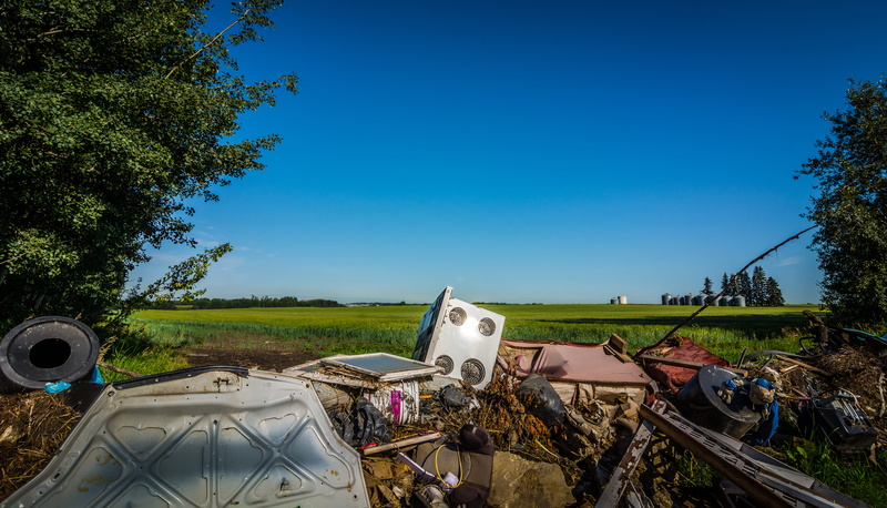 landscape, trees, weather, farm, refuse, farmland, nature, environment, no people, land, machinery, washingmachine, tree, outdoors, clear sky, mode of transportation