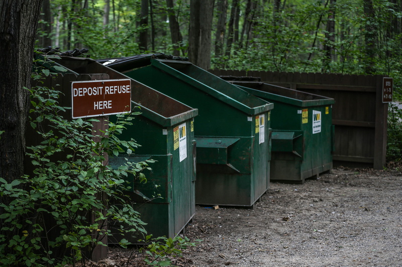 trail, information, trash, tree trunk, tree, recycle, western script, wood - material, forest, bins, environment, trees, camping, day, no people, garbage