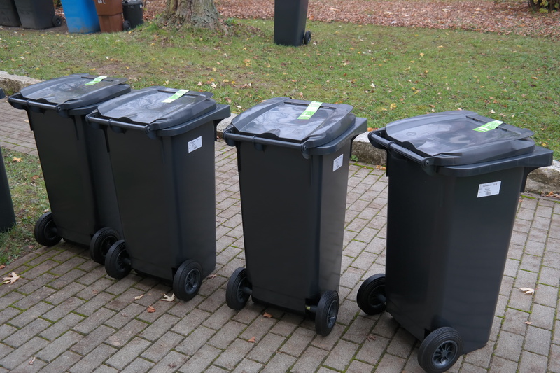 Dustbin, container, no people, bins, metal, Waste, trash can, environment, plastic, in a row, garbage, black, day, waste bins, nature, four, pollution