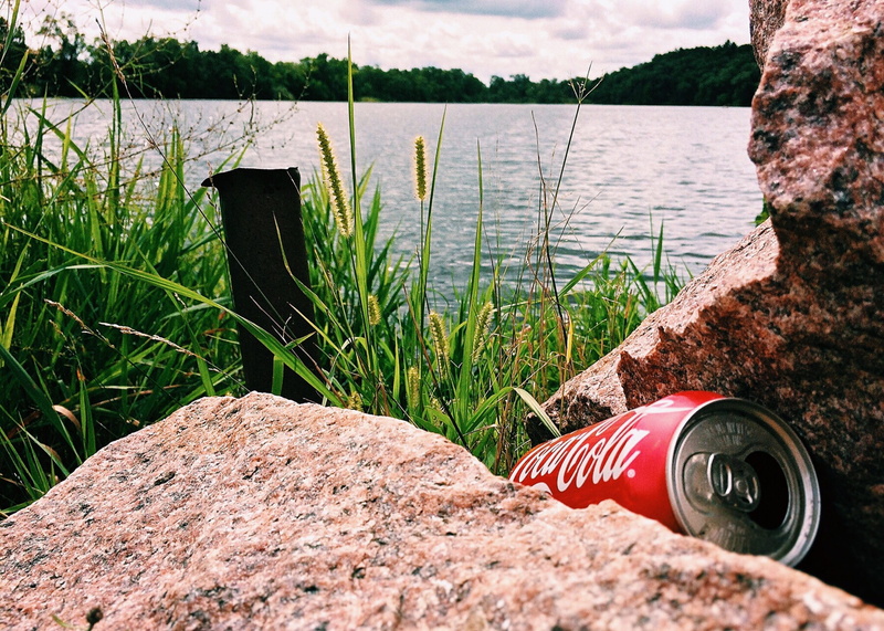 cola, can, rock - object, container, sunlight, garbage, body, beauty in nature, lake, waste, grass, rock, refuse, tranquility, solid, nature, 2K, land