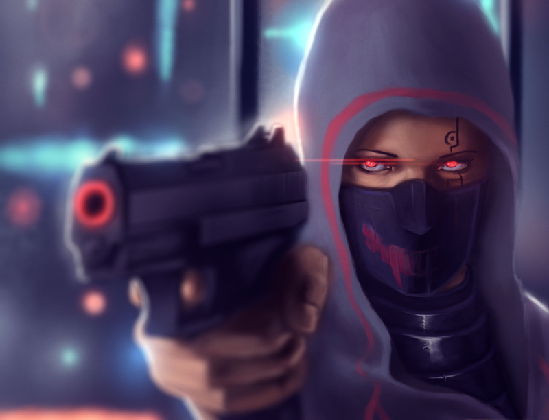 security, looking at camera, portrait, mid adult men, adult, illustration, profile, close-up, obscured face, woman, weapon, aggression, front view, one person