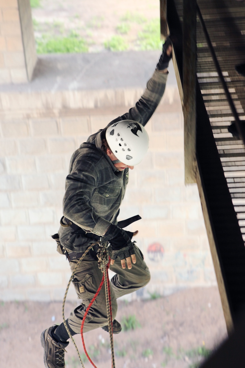 helmet, men, day, rope, uniform, holding, headwear, leisure, focus on foreground, adrenaline, bridge, sport, exercise, architecture, sports equipment, clothing