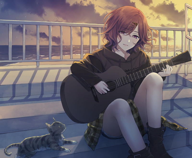 1080P, cats, anime girls, anime, ae iueo, guitar