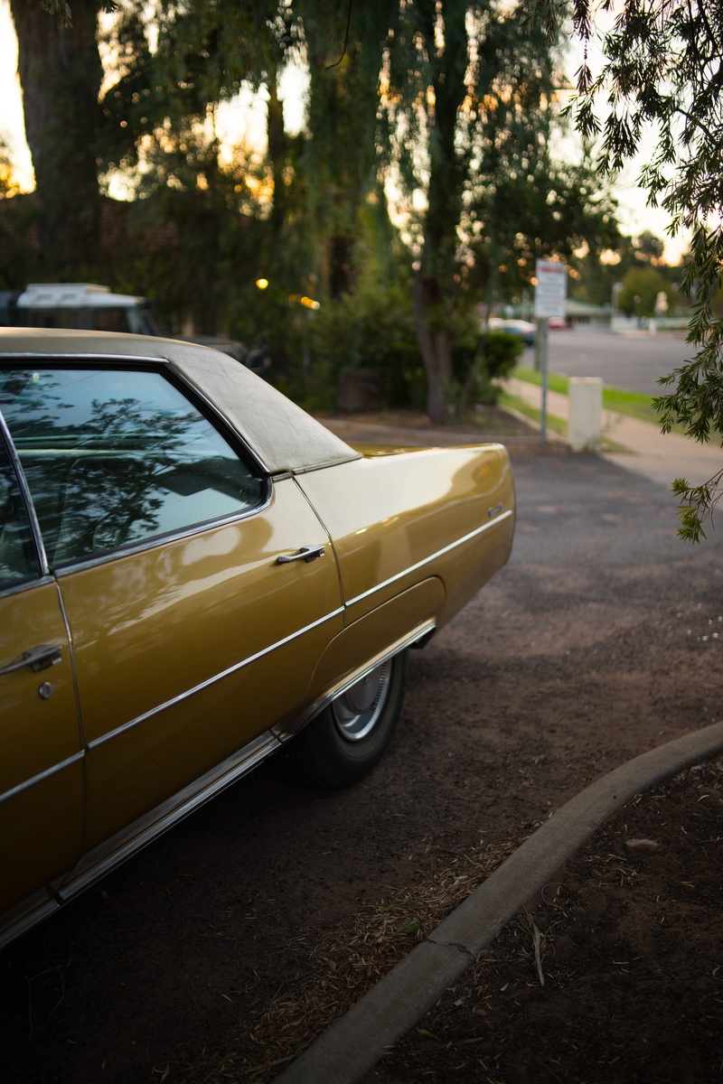 motor vehicle, day, tree, top, yellow, trunk, focus on foreground, car, vintage, tree trunk, outdoors, city, travel, road, plant, treea, vintage car, mode of transportation