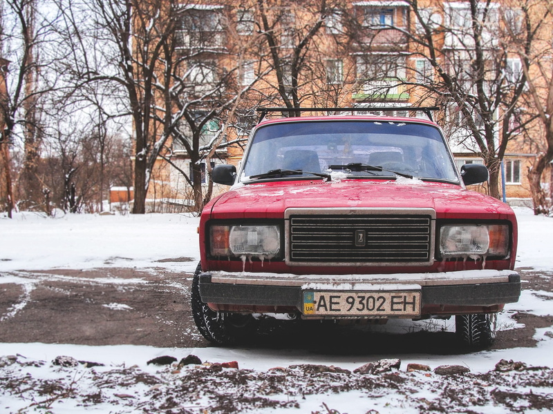 mode of transportation, branch, plant, 2K, motor vehicle, lada, day, retro, car, stationary, bare tree, old, red, land vehicle, snow, cold temperature