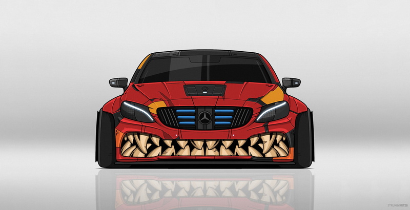 Dmitry Strukov, vehicle, 1080P, artwork, red cars, Mercedes-Benz