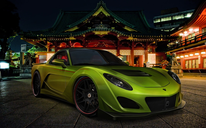 night, auto, RKH-7, street, green, 1080P, RX-7, car, Mazda, Japan, machine, avto