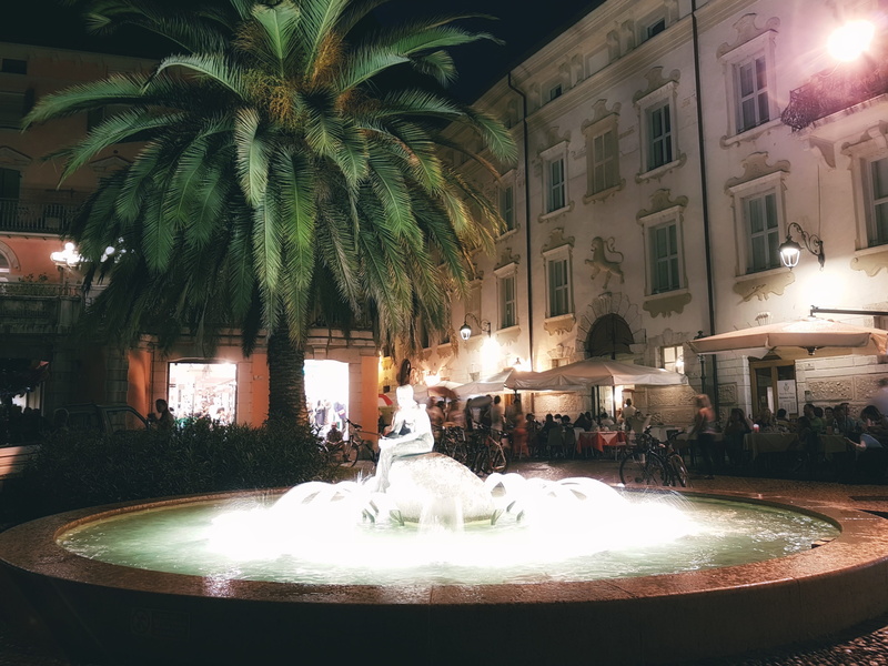 built structure, palm tree, architecture, city, fountain, building exterior, garda lake, lifestyles, tree, water, plant, spraying, nature, summer, digital composite