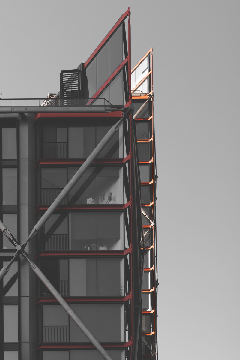 sky, day, city, metal, copy space, skyscraper, building, skyline, urban, construction, grey, london, staircase, facade, cityscape, united kingdom, exterior