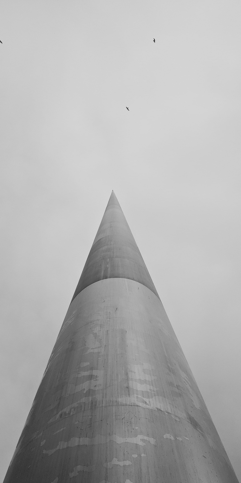 architecture, cone, urban, built structure, flying, travel, black and white, tower, nature, angle, tourism, 4K, sky, history, spire, high rise, building