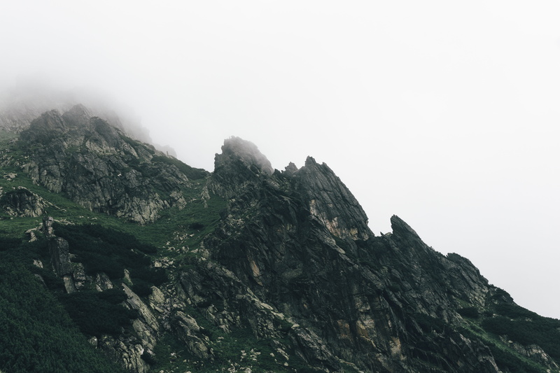 edge, cliff, poland, fog, promontory, solid, tranquility, tranquil scene, day, mountain range, rock - object, sky, mountain peak, mountains, low angle view