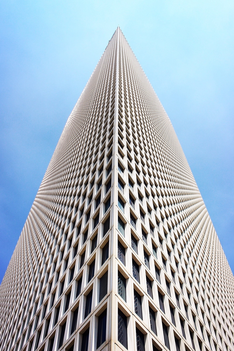 pattern, directly below, triangular, front, high, skyscraper, city, architecture, tall - high, sky, facade, rise, urban, built structure, exterior, futuristic
