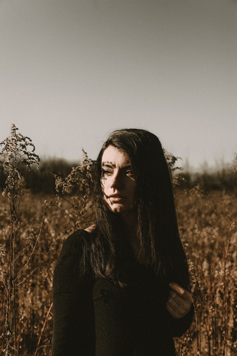 portrait, plant, looking away, goldenrod, hair, sky, october, standing, field, front view, contemplation, leisure activity, looks like film, portraits