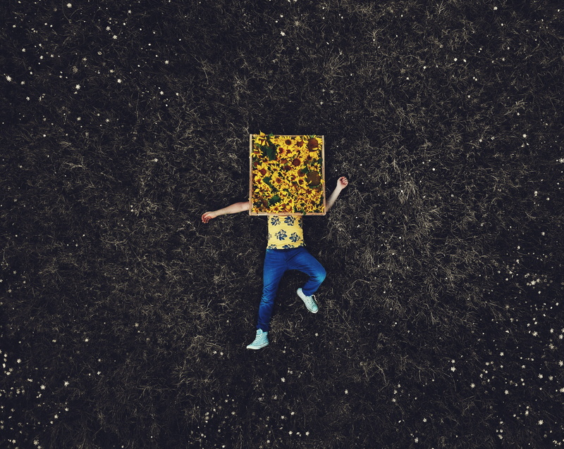 art, backgrounds, laying down, dark, wildflower, people, aerial, symbol, sunflower, yellow, drone, grass, lying down, bob, green, conceptual, picture, illustration