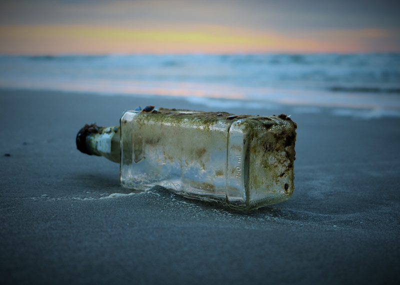close-up, day, deterioration, message in a bottle, nature, whiskey, island, damaged, decline, trash, land, no people, 5K, obsolete, beach, sunrise, sky