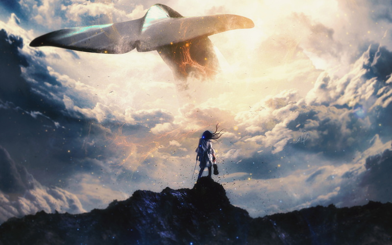 giant whale, sky, lifestyles, fantasy woman, men, leisure activity, standing, 4K, violin, edge, Fantasy, tranquility, outdoors, low angle view, silhouette