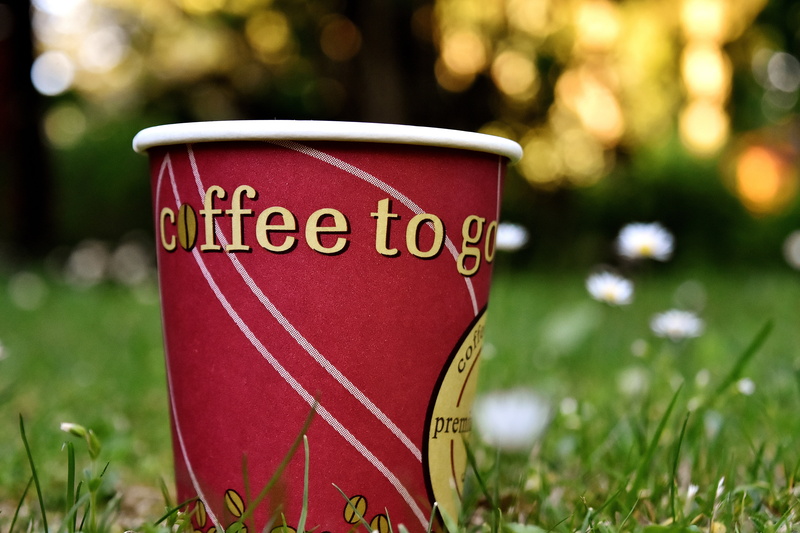 enjoy, coffee, celebration, coffee to go, outdoors, sign, benefit from, beverage cups, green color, trinkbecher, coffee mugs, plant, text, take with you