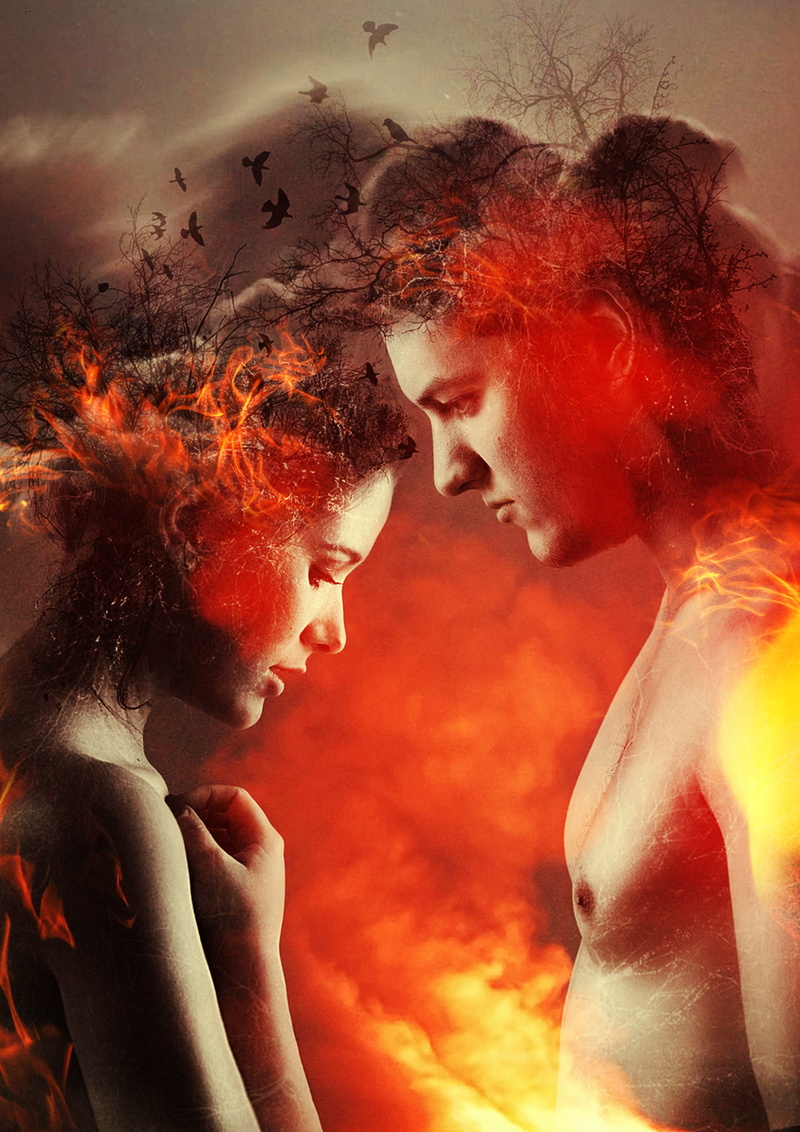 couple, love, indoors, romance, hairstyle, lifestyles, romantic, 2K, headshot, two people, adult, man, togetherness, destruction, fire, face to face, real people