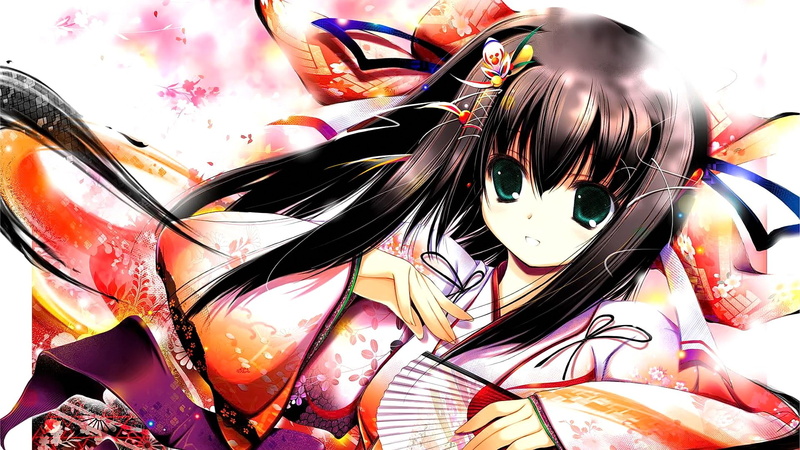 aqua eyes, looking at viewer, anime, Japanese clothes, original characters, 1080P, long hair, smiling, anime girls, brunette