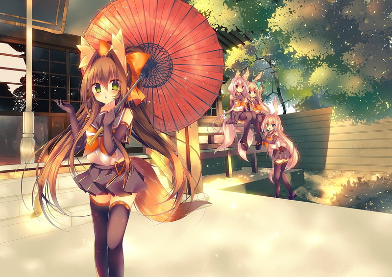 1080P, thigh, School Uniform, highs, Original Characters, Aqua Eyes, tail, Green Eyes, Animal Ears, Anime Girls, Purple Eyes, umbrella, Red Eyes, Fox Girl