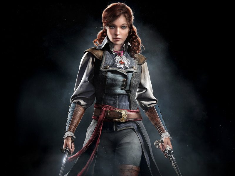beautiful woman, indoors, weapon, three quarter length, holding, sword, young adult, pistol, 2014, Assassins Creed, the past, confidence, hairstyle