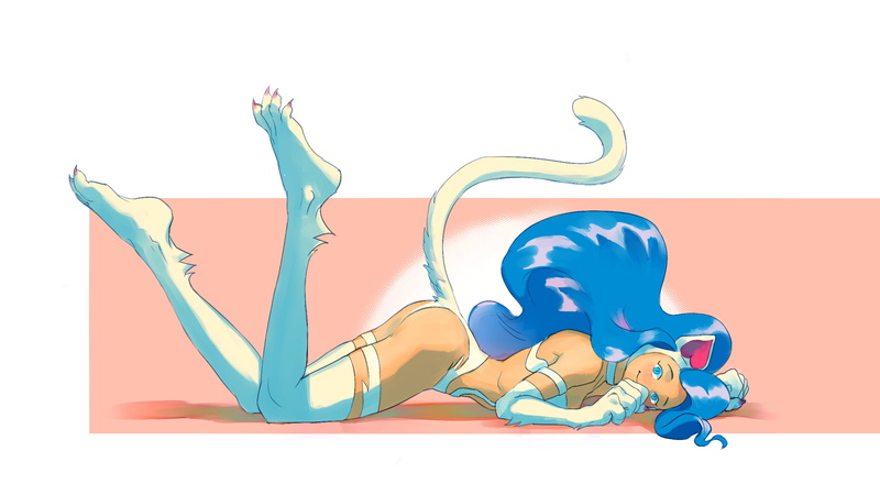 2K, Marvel vs. Capcom 3, cat girl, plain background, blue hair, tail, video game characters, Darkstalkers, Capcom, Felicia