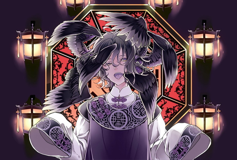lamp, lantern, kimono, open mouth, crow, 480P, Seraphim, anime boys