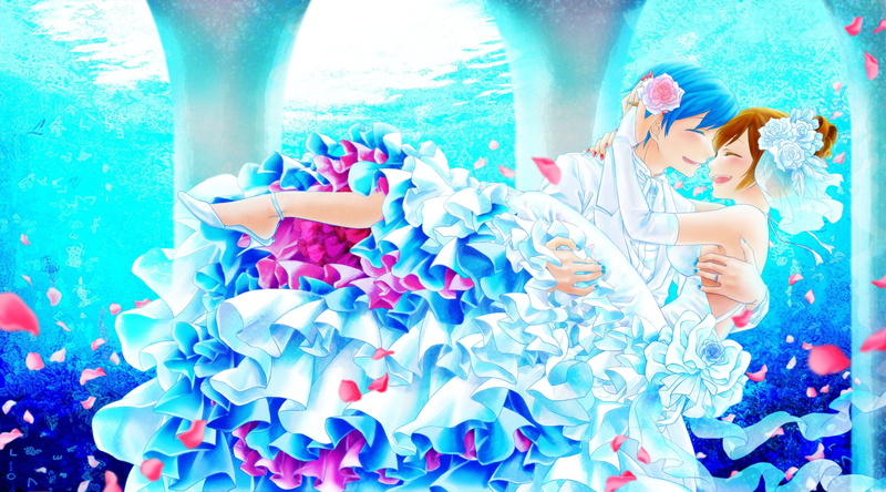 dresses, brunettes, vocaloid, girls, closed, eyes, hair, blue, short, brown, meiko, flowers, 2K, kaito, anime, gloves, boys, water, wedding