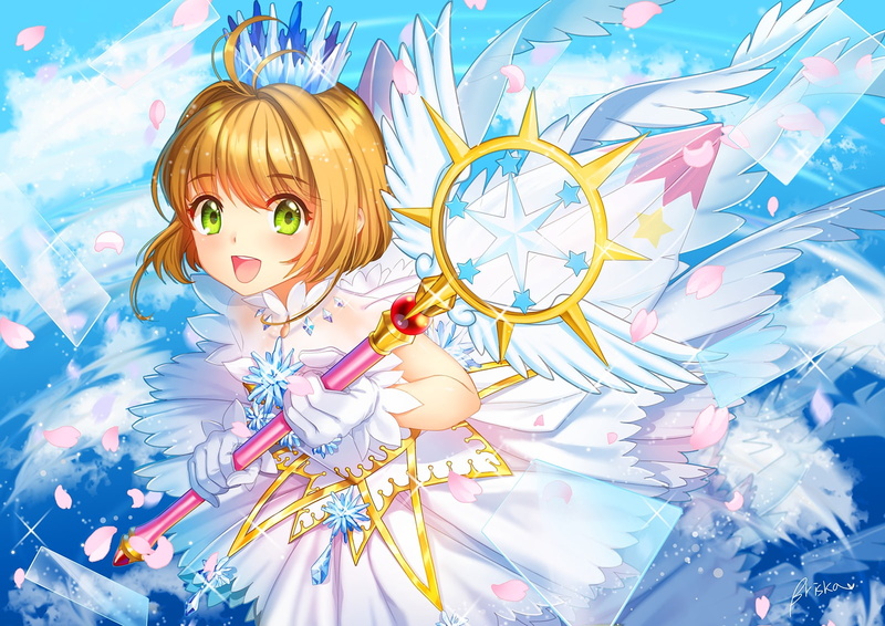 hair, gloves, konachan, wings, petals, dress, signed, green, kinomoto, sakura, captor, short, brown, clouds, card, briska, com, wand, 720P, 260952, crown