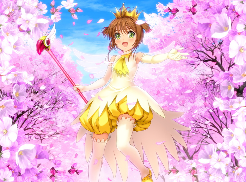 blush, thighhighs, green, moonknives, petals, 2K, sky, brown, short, kinomoto, elbow, blossoms, hair, captor, crown, gloves, cherry, wings, card, eyes