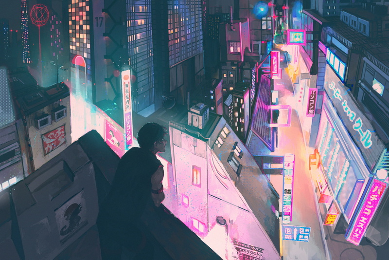 houses, men, 1080P, night, widescreen, drawings, city