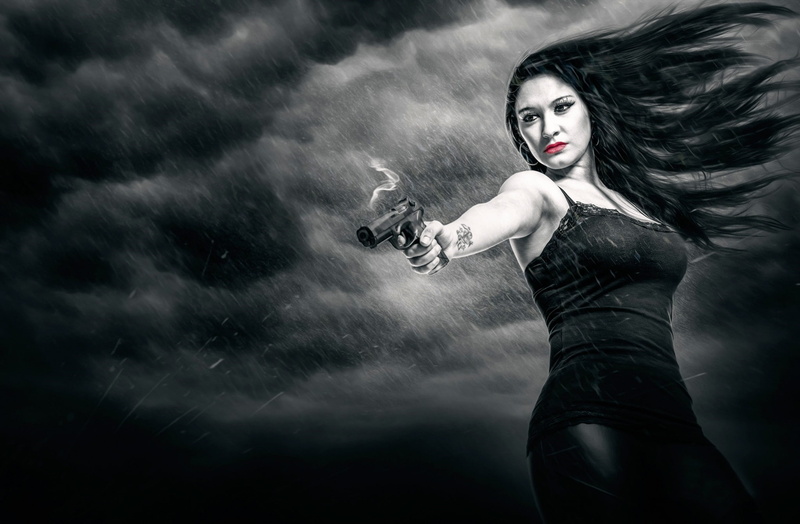 long, artwork, gun, hair, long hair, 1080P, red lips, lips, red, rain, women