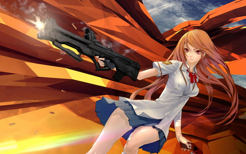 beauty, adult, orange color, character, women, rifle, beautiful woman, red, girl, one person, three quarter length, females, anime, female, clothing, hairstyle