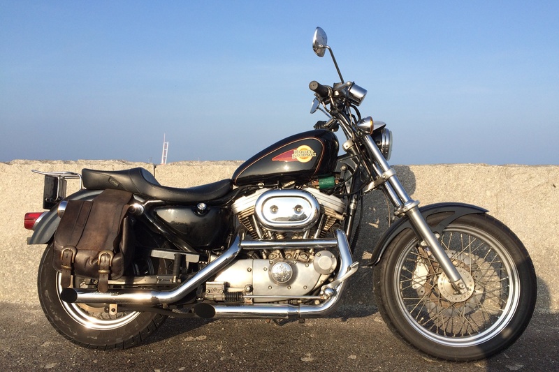 road trip, motorcycle, harley, 1080P, stationary, mode of transportation, sports helmet, travel, day, sport, transportation, sportster, blue, wheel, harley-davidson