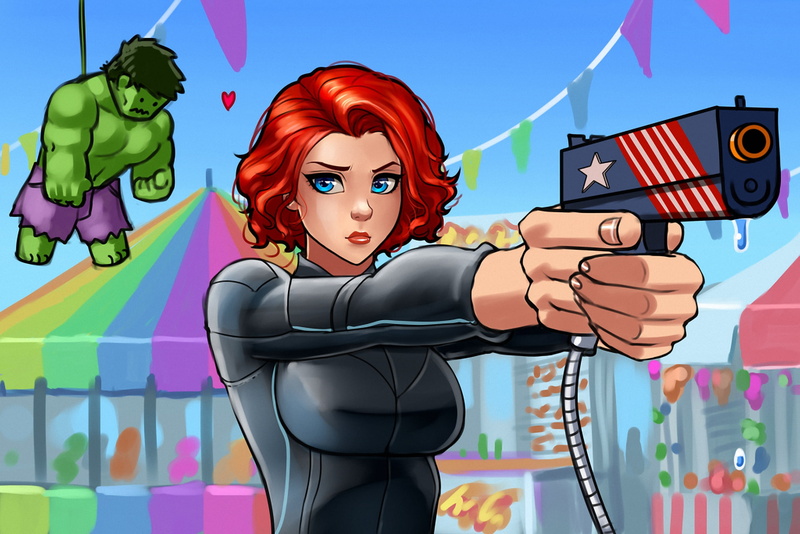 look, marvel comics, girl, toy, Black Widow, natasha romanoff, hulk, Park, face, 1080P, gun, amusement, eyes, The Avengers, red, Natasha Romanova