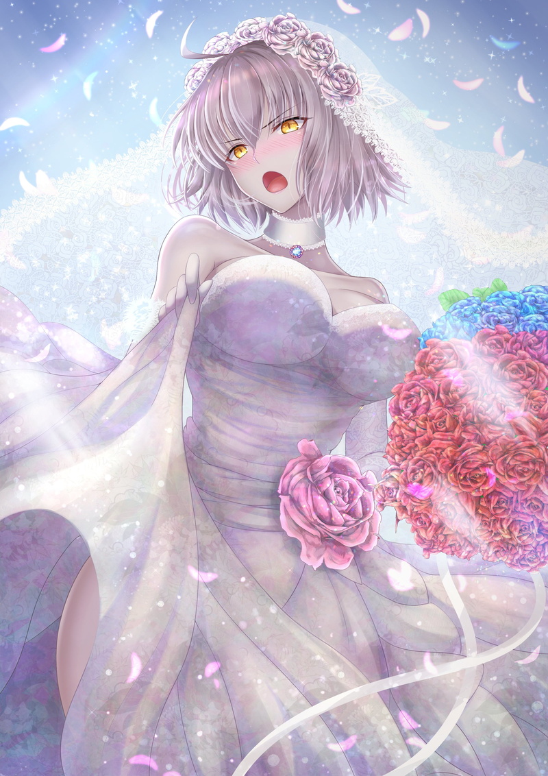 anime girls, Jeanne (Alter) (Fate/Grand Order), wedding dress, anime, 2K, flowers, Fate/Grand Order