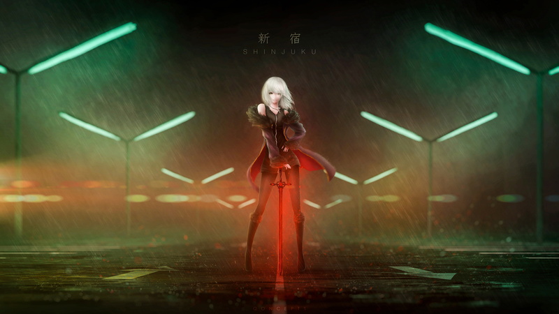 White Hair, Fate/Grand Order, Short Hair, Girl, Jeanne dArc Alter, Fate Series, Sword, Night, 4K, Avenger (Fate/Grand Order), Lamp Post, Rain, Fate (Series)