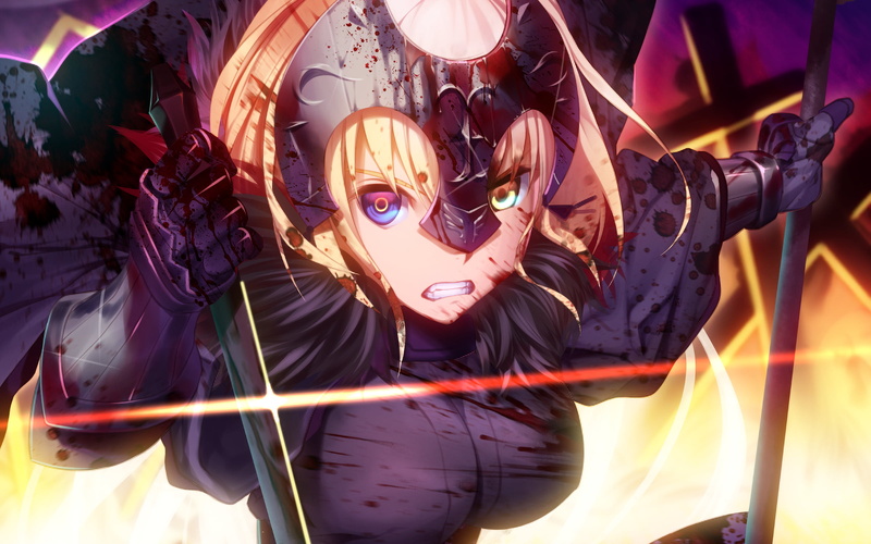 Fate/Grand Order, sword, Jeanne (Alter) (Fate/Grand Order), Fate Series, blood, blonde, 1080P, yellow eyes, blue eyes, anime girls, short hair, Avenger