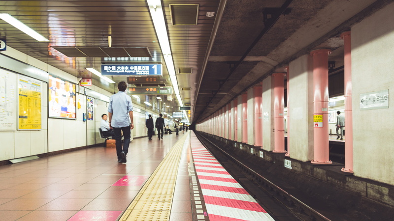 travel, people, track, train station, railroad station platform, japan, full length, night, architectural column, rear view, waiting, tokyo, 5K, indoors