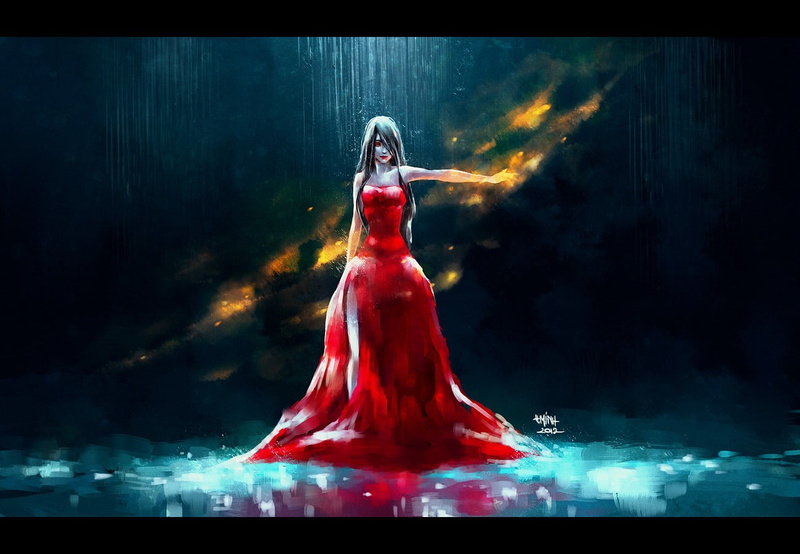 NanFe, indoors, auto post production filter, fantasy art, cloud - sky, red dress, nature, artwork, creativity, black background, red, studio shot, splashing