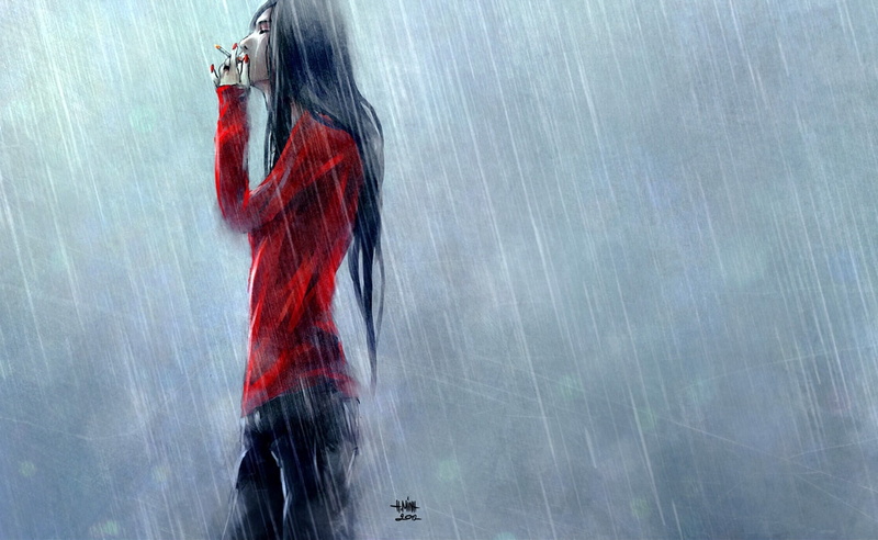 outdoors, red, 1080P, motion, long, water, hairstyle, shirt, one person, wet, woman, day, NanFe, wearing, nature, women, smoking, hair, casual clothing