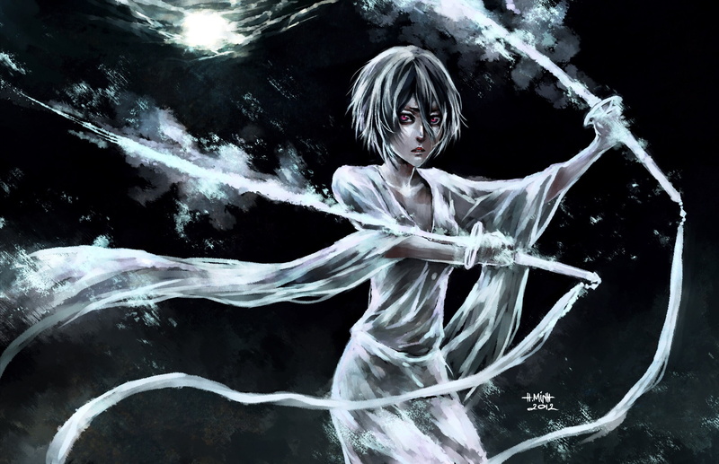 red eyes, looking at camera, nature, front view, portrait, fashion, Bleach, 1080P, anime girls, black background, digital composite, water, young adult