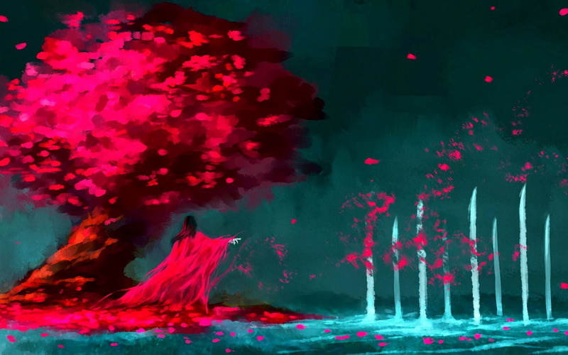 fantasy art, painting, flower petals, artwork, NanFe, Kuchiki Byakuya, cherry blossom, fan art, Bleach, 1080P